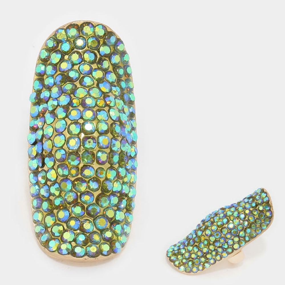 Vitrail Gold Long Shield Rhinestone Crystal Shell Stretch Statement Ring Finger